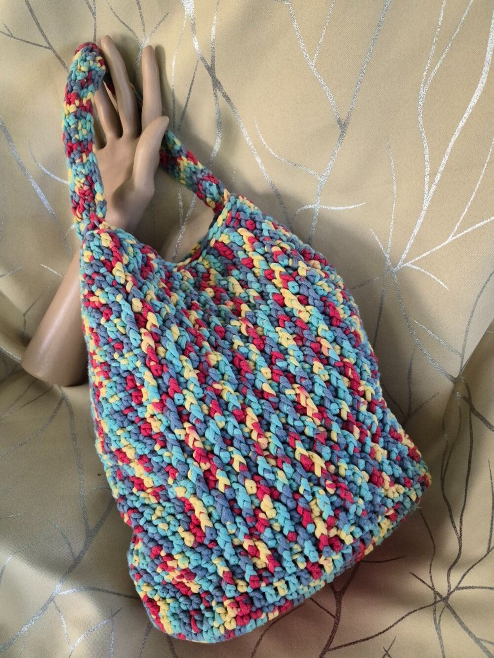 Vibrant Boho Handmade Crochet T-Shirt Yarn Tote Bag with Red Leather Base